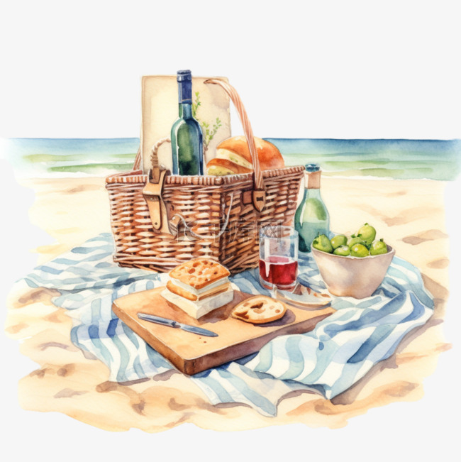 水彩风格夏日沙滩野餐