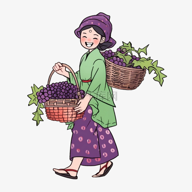 女人一筐丰收的葡萄秋天卡通手绘