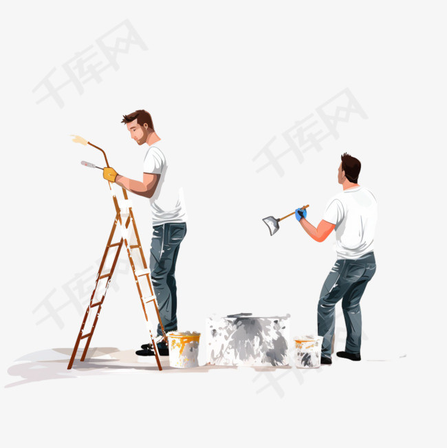 两个男人正在粉刷房间里的墙壁