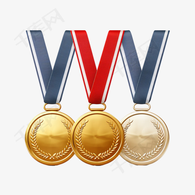 奖牌。金牌、银牌和铜牌是体育赛