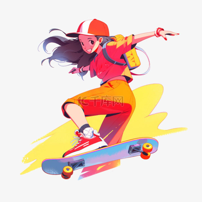卡通运动手绘元素滑板女孩