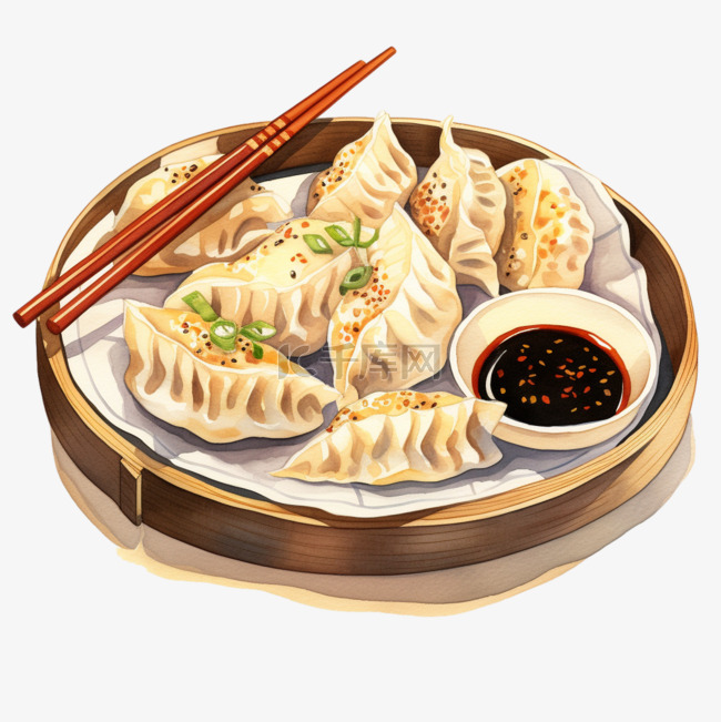 水彩风格中餐蘸料饺子