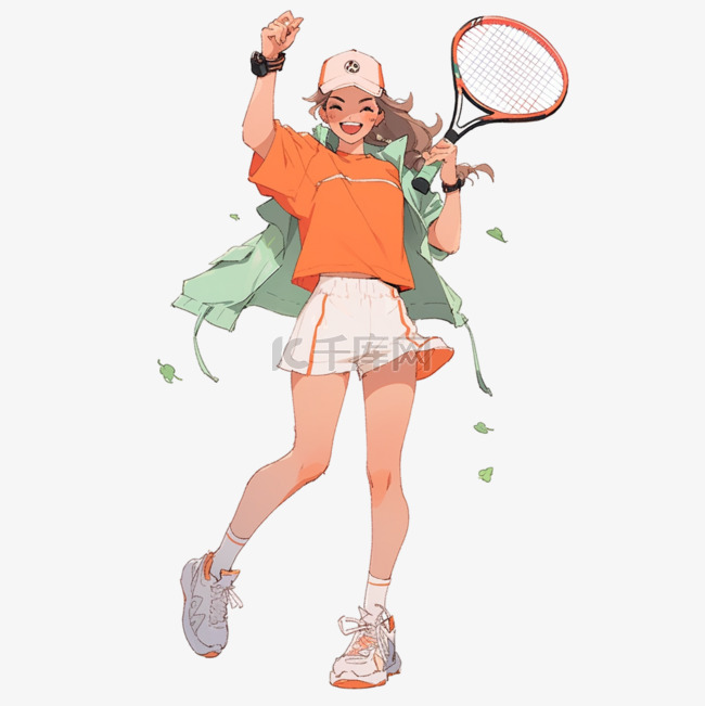 卡通打网球的女孩手绘元素