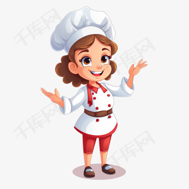 可爱的厨师女孩微笑在制服欢迎和