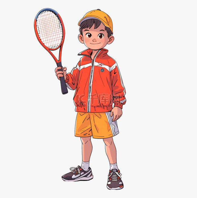 男孩卡通手绘打网球元素