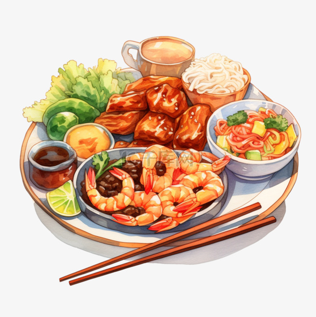 水彩风格中餐鲜虾小吃食物拼盘