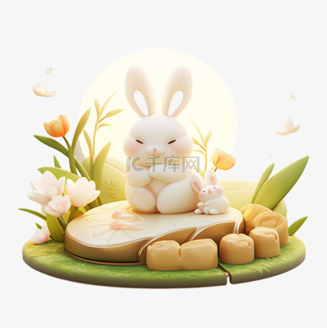 月饼中秋节白兔卡通3d元素