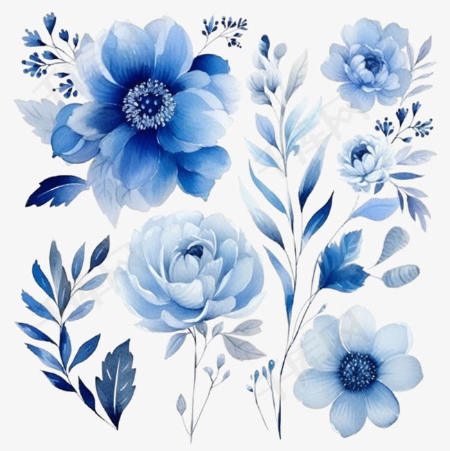 水彩蓝色插花系列