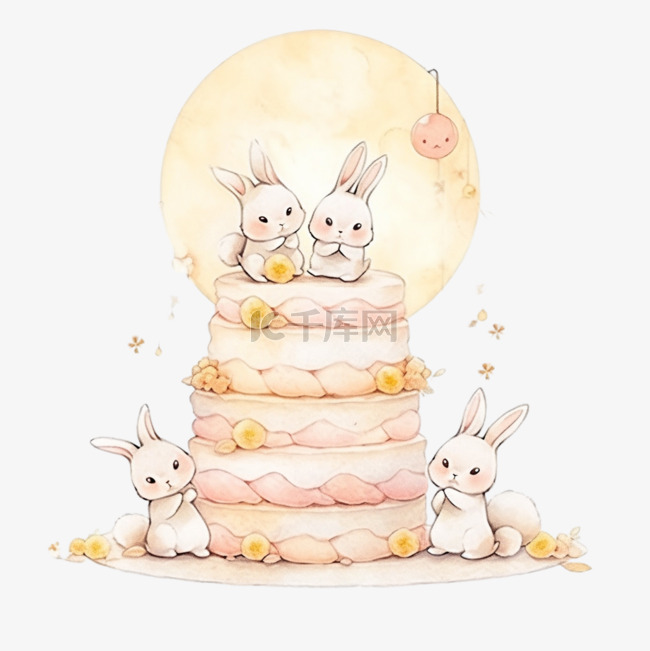 中秋场景手绘小兔子月饼月亮卡通