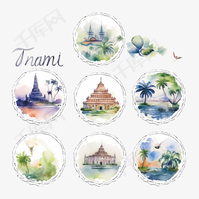 水彩风格的泰国旅游概念标志集，