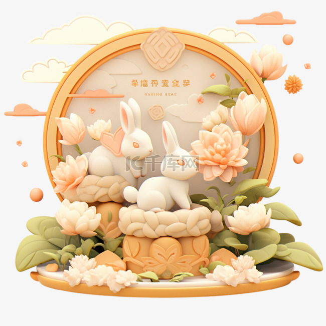 中秋节白兔卡通3d元素月饼