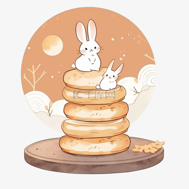 月饼小兔子月亮卡通中秋手绘元素