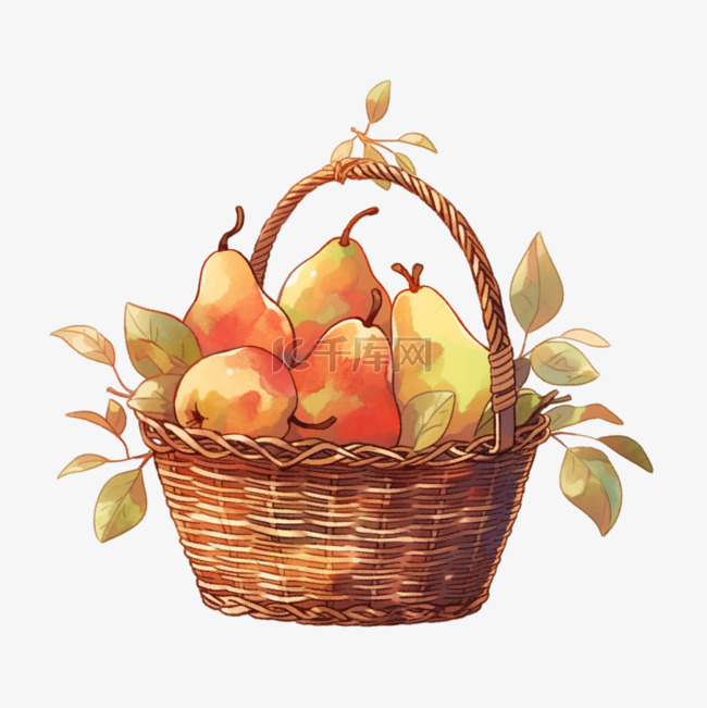 一筐秋天丰收水果梨手绘元素