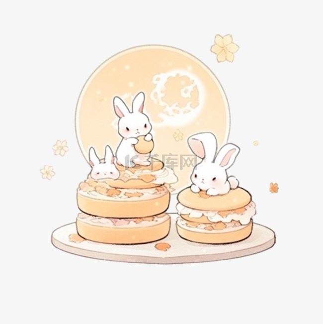 中秋月饼场景小兔子月亮卡通手绘