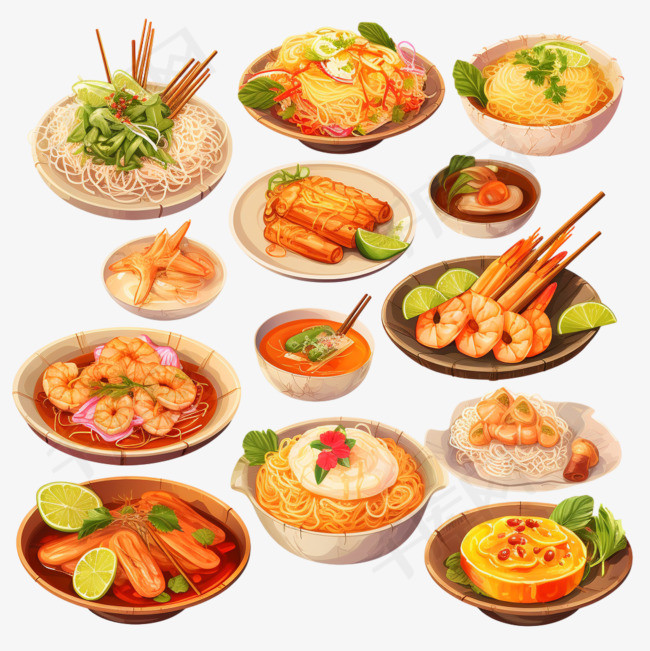 插图图标集泰国菜，包括泰餐，木