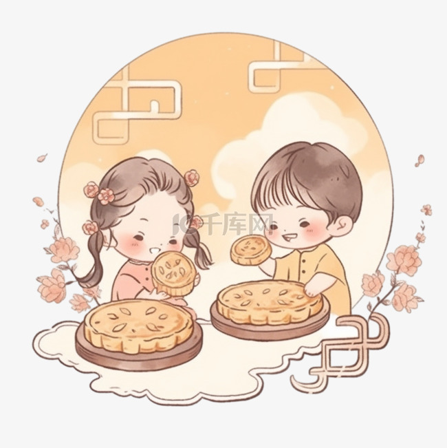 中秋节月饼可爱的孩子卡通手绘元