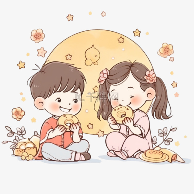 中秋节月饼卡通手绘元素可爱的孩
