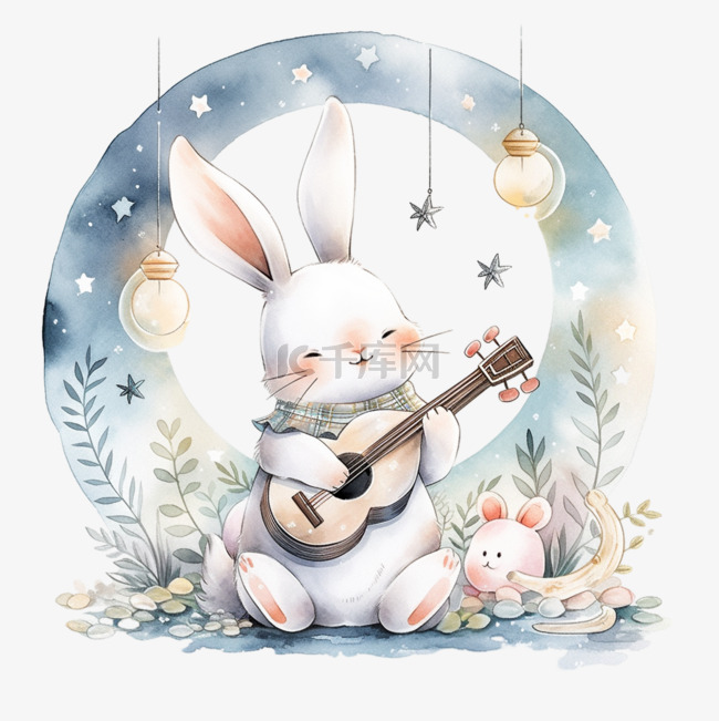 乐器小兔子卡通手绘元素中秋节