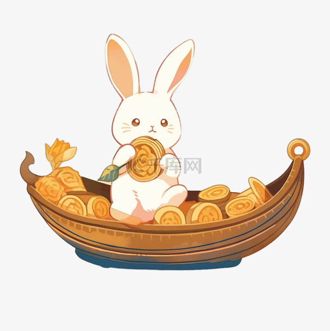 小兔月饼中秋节元素月亮船卡通手