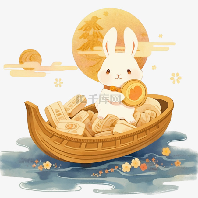 小兔月饼卡通元素中秋节月亮船