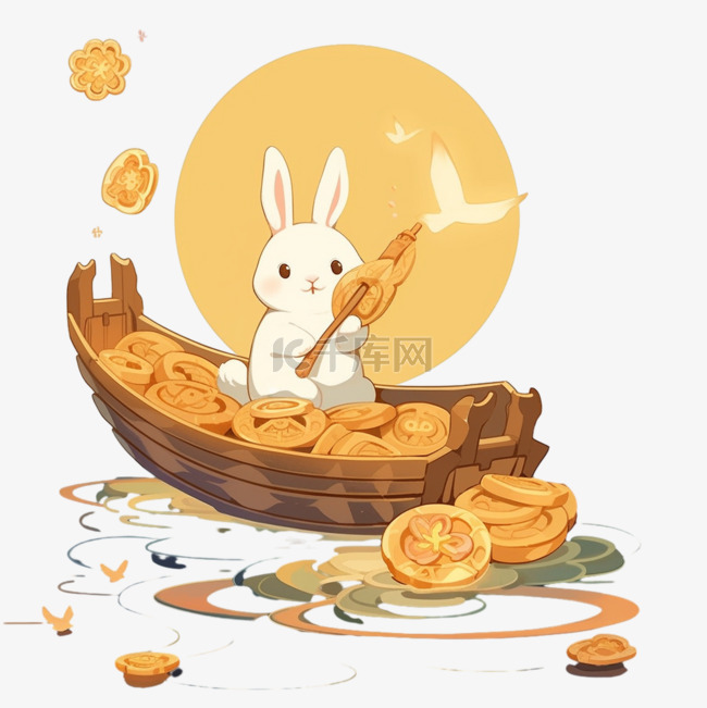 小兔月饼中秋节月亮船卡通手绘元