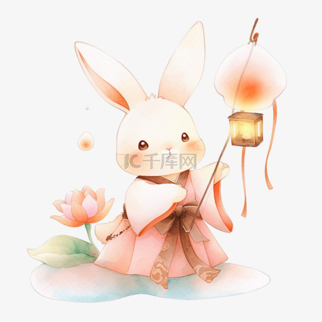 中秋节小兔子拿着灯笼手绘元素