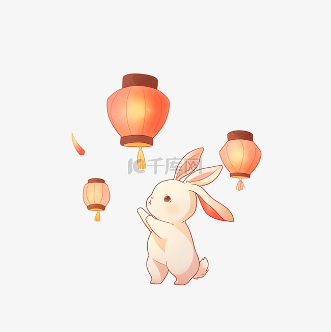 小兔中秋节灯笼卡通手绘元素
