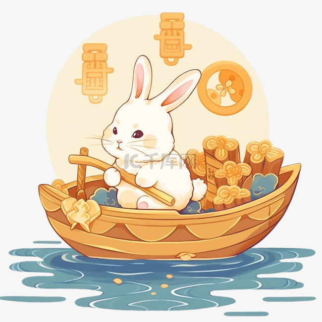 小兔月饼月亮船中秋节卡通手绘元