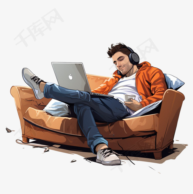 男人躺在沙发上，在笔记本电脑上