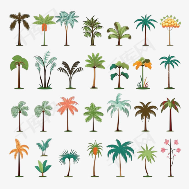 各种卡通棕榈树平面图标集