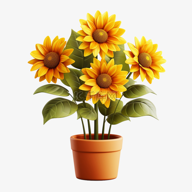 向日葵盆栽3D太阳花朵元素