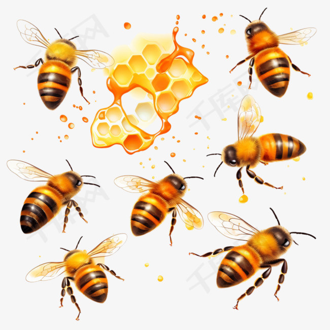 蜂蜜飞溅和蜜蜂五颜六色的写实插