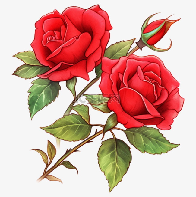 红色玫瑰花唯美插画情人节