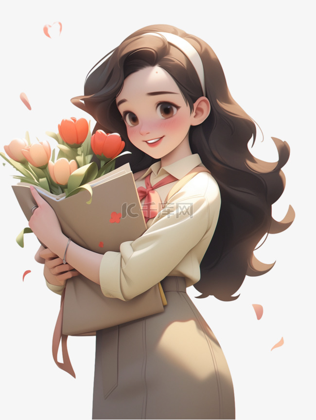 
教师节捧花的女老师人物3D卡