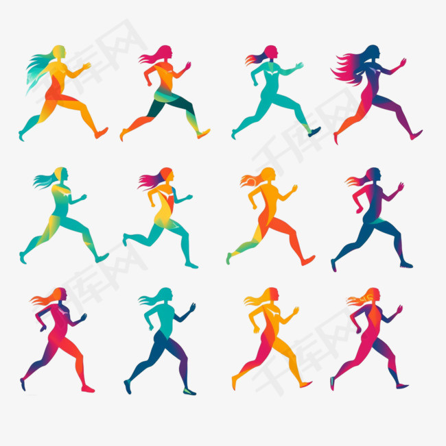 不同的复古跑步平面标志集。跑步