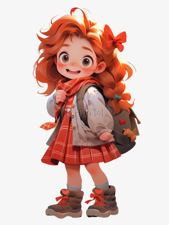 开学季背书包上学的小女孩手绘形
