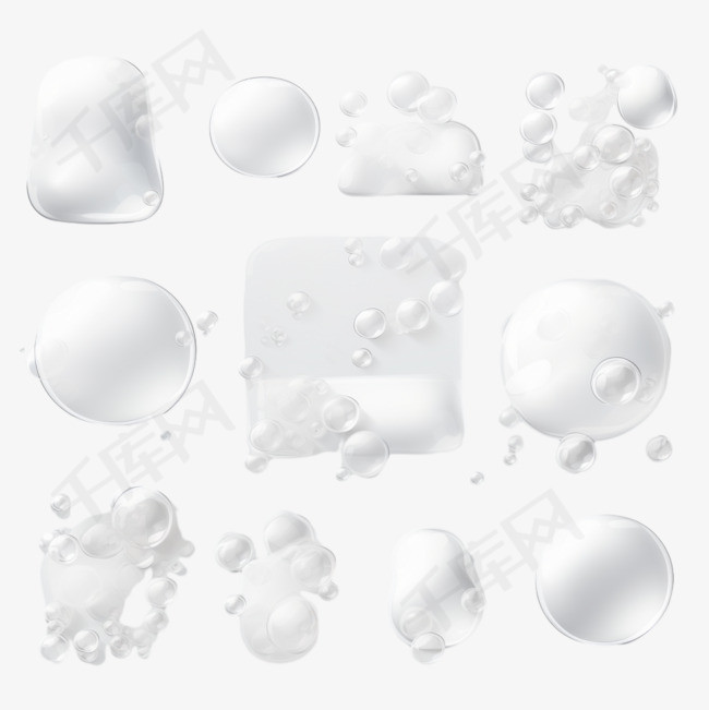 肥皂泡沫和不同形状的泡沫在透明
