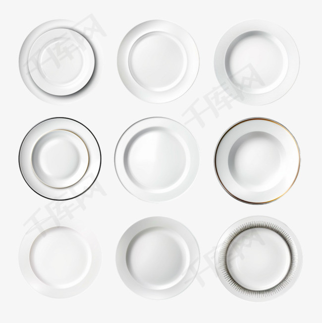 白色盘子，逼真的3d陶瓷餐具顶