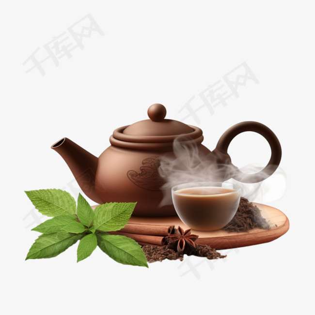 国际茶日海报，粘土茶壶和热气腾