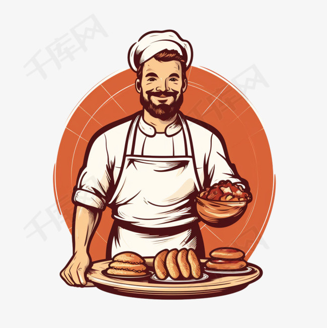 手绘厨师和面包店标志卡通艺术插