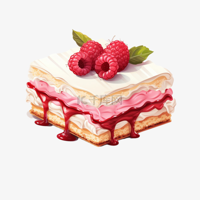 方块红莓蛋糕水果奶油元素写实装