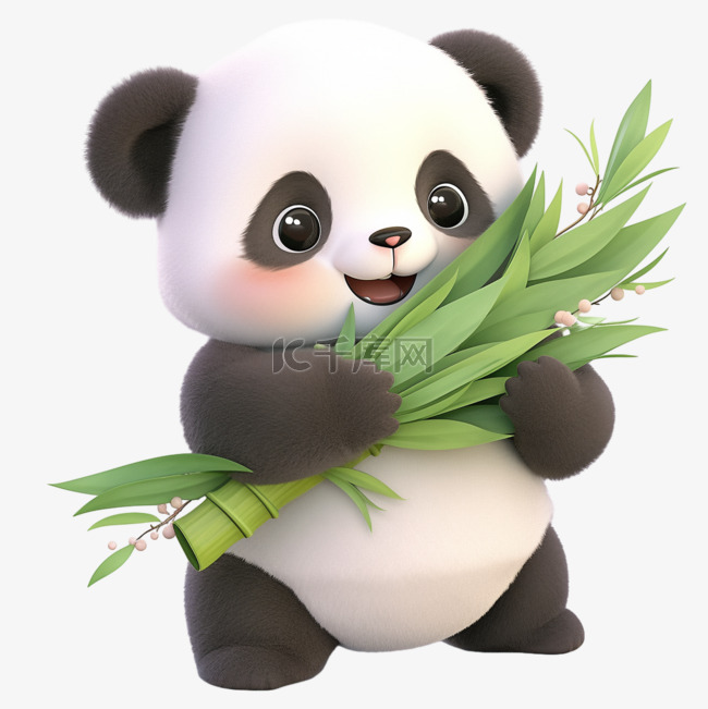 可爱熊猫元素抱着竹子3d