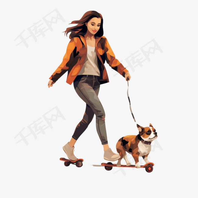 滑板上遛狗的女人