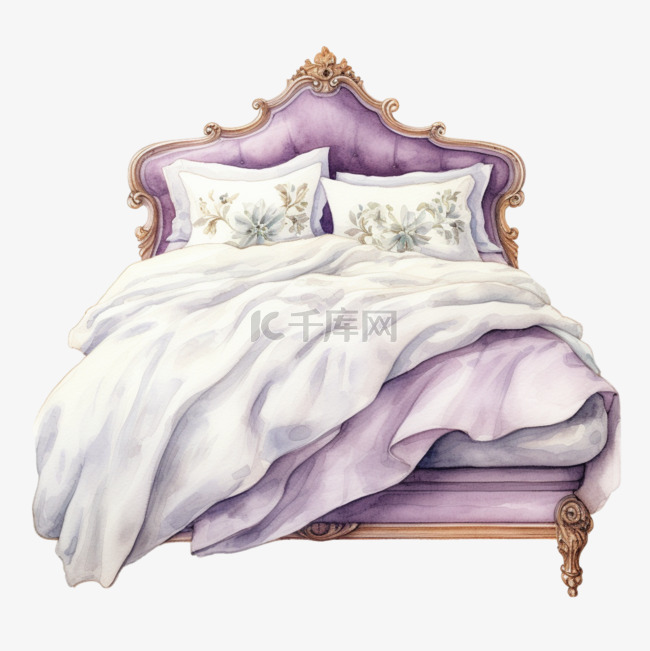 水彩高贵紫色床铺免扣元素