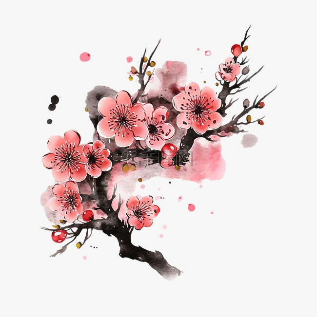 中国风水墨画梅花手绘插画