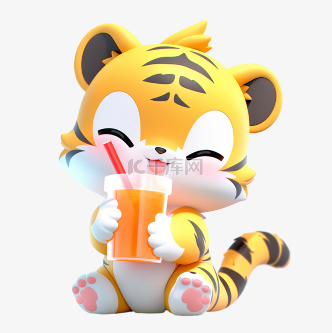 可爱的老虎喝着冷饮夏季卡通3d