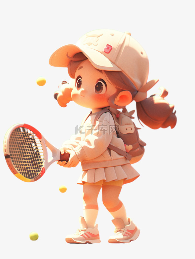 运动会打网球的可爱小女孩3D形