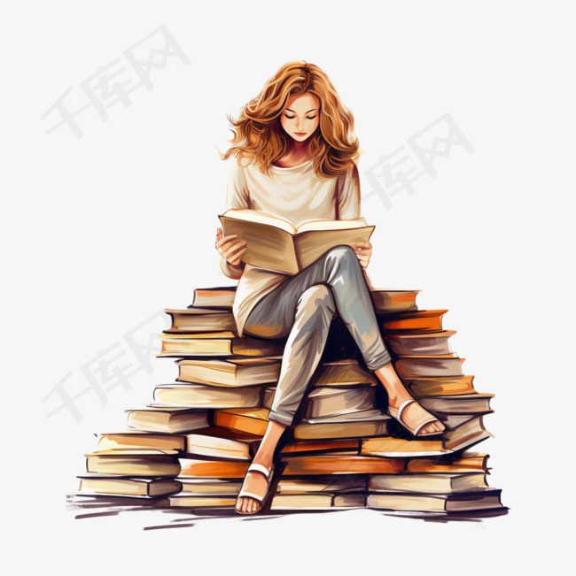坐在书堆上看书的女人