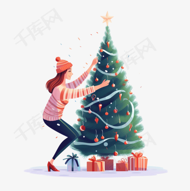 女人装饰一棵圣诞树