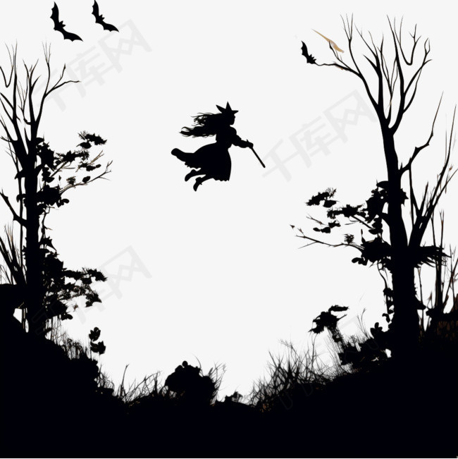 扫帚上的女巫飞过夜森林